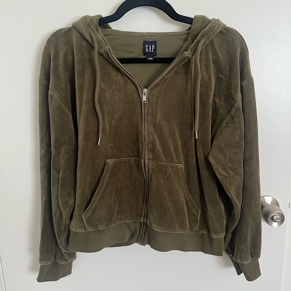 Gap Army Green Velvet Zip Hoodie